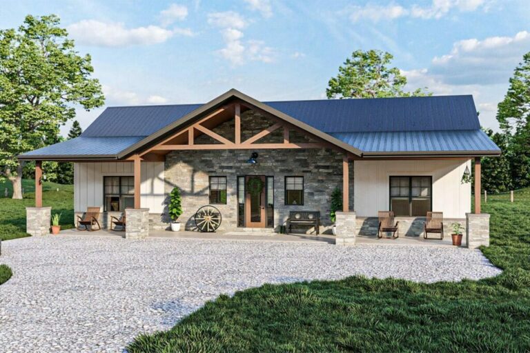 3-Bedroom 1-Story Rustic Ranch Home with Cathedral Ceiling and a Borad Front Porch (Floor Plan)