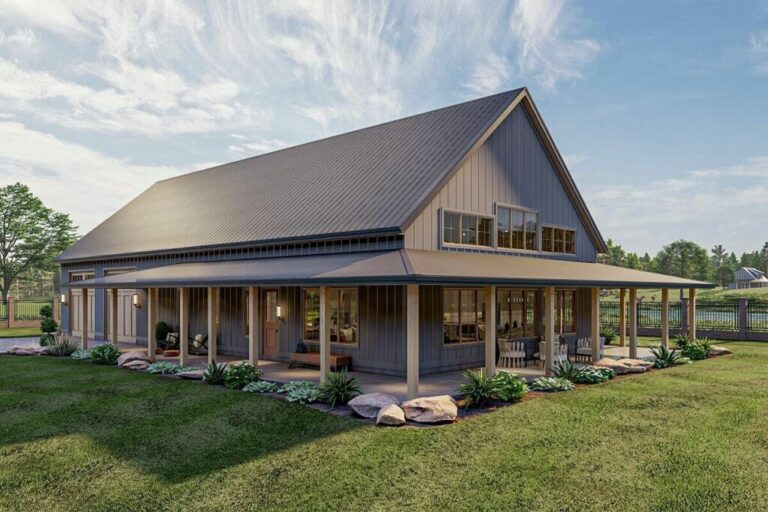 Barndominium Style 3-Bedroom 1-Story House with Massive Wrap-Around Porch (Floor Plan)