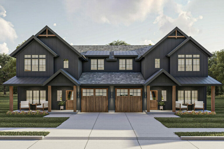 3-Bedroom Two-Story Twin Modern Duplex Farmhouse with Office-Friendly Flex Room (Floor Plan)