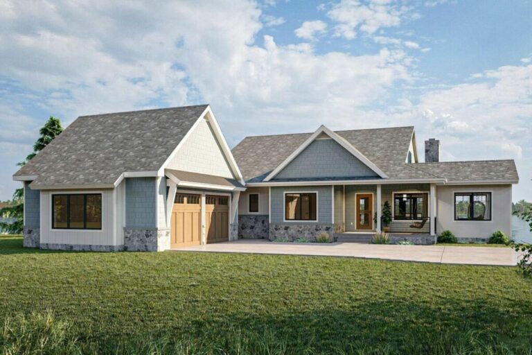 1-Story 4-Bedroom Country Craftsman Home With Waterfront View and Walk-out Basement (Floor Plan)