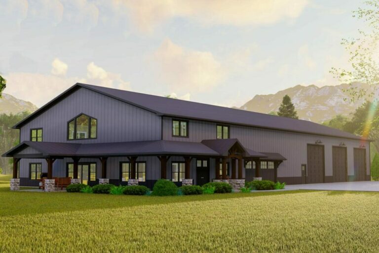 3-Bedroom Two-Story Barndominium Style Shouse with Two-story Great Room, Car Show Room and Home Office (Floor Plan)