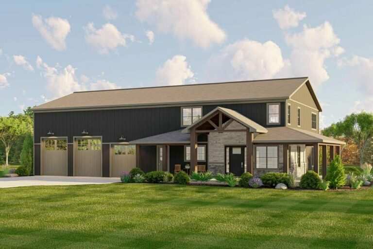 2-Story 4-Bedroom Barndominium House With 2 RV Bays and Bonus Space (Floor Plan)