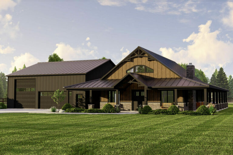 3-Bedroom 2-Story Farmhouse-Inspired Barndominium House with Wraparound Porch (Floor Plan)