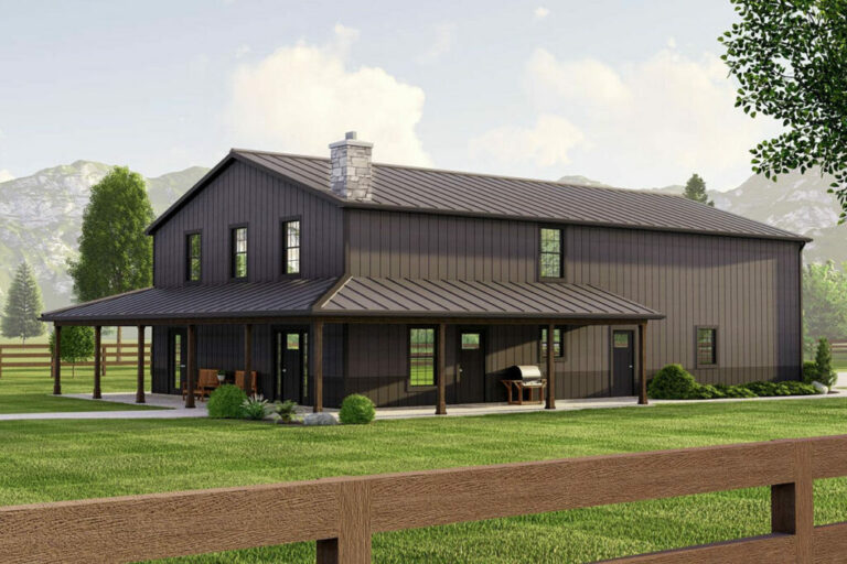 Two-Story 2-Bedroom Barndominium Style House with 2-Car Side-Entry Garage (Floor Plan)