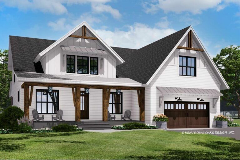 Modern 4-Bedroom 2-Story Farmhouse with 2-Story Great Room and Main-Floor Master Suite (Floor Plan)