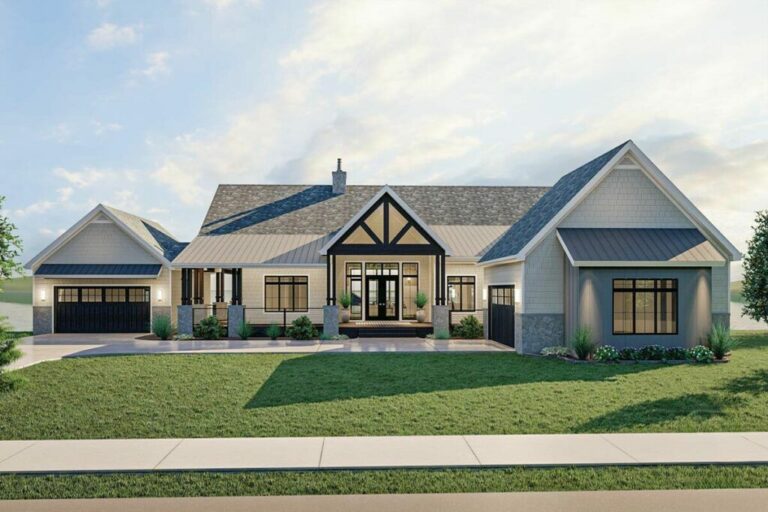 1-Story 3-Bedroom New American Lake House with Full Wraparound Deck and Split Garages (Floor Plan)