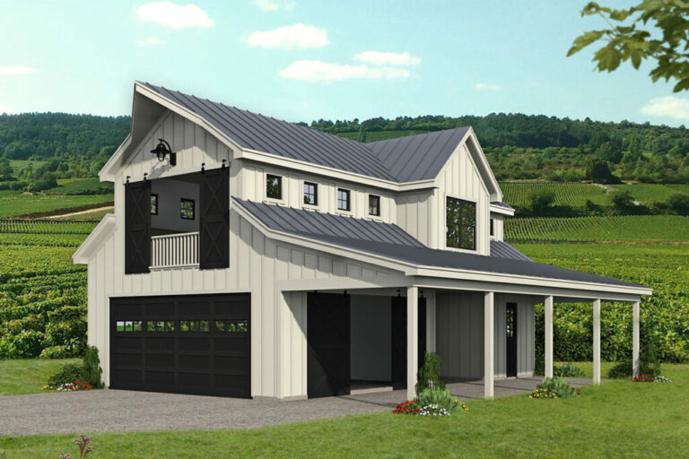 2-Car 2-Story Barn Style Garage With Vaulted Workshop, Dogtrot, Side Porch and Bonus Area (Floor Plan)