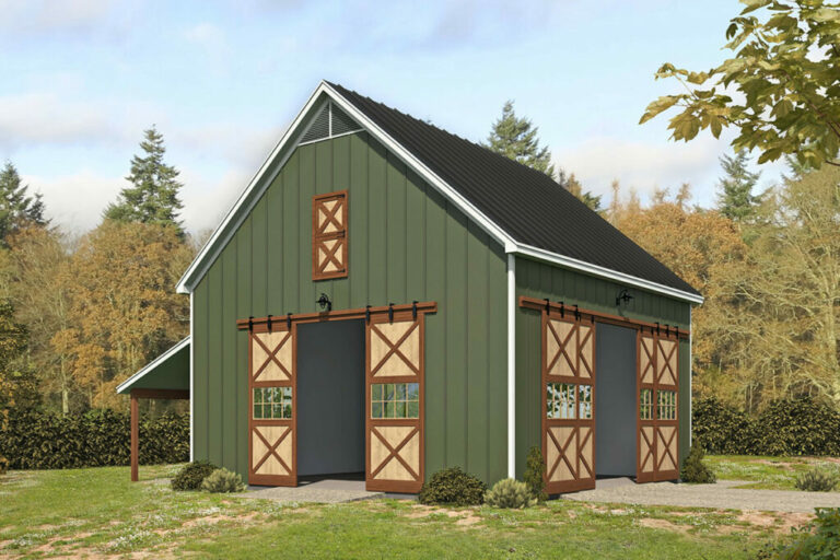 2-Story 4-Car Barn Style Garage with Tractor Port and Vaulted Loft (Floor Plan)