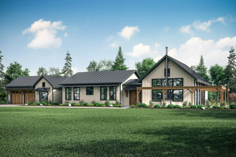 4-Bedroom Single-Story Modern Farmhouse Style Barn House with Wrap-Around Patio (Floor Plan)