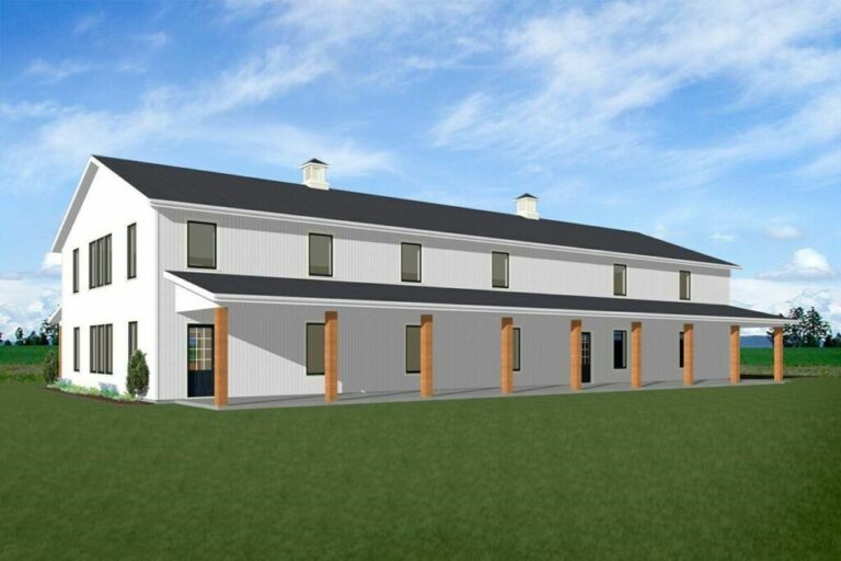 2-Story 5-Bedroom Barndominium House with 10′ Deep Front and Rear Porches (Floor Plan)