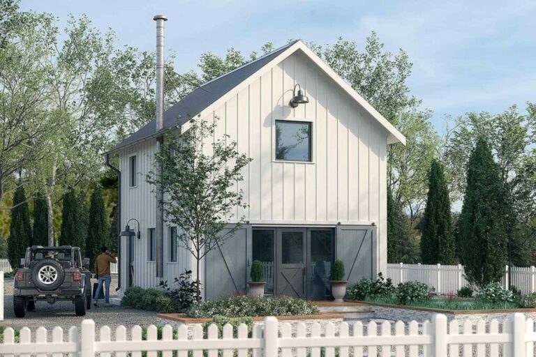Tiny Dual-Story 2-Bedroom Rustic Barndominium House with Open-Concept Living (Floor Plan)