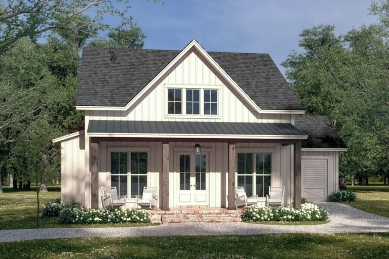 Small 2-Bedroom Single-Story Farmhouse with 6′-Deep Front Porch (Floor Plan)