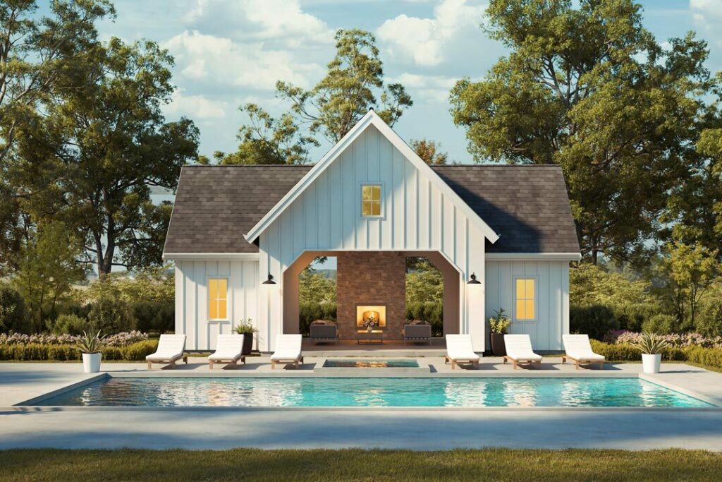Compact Single Story New American Farmhouse Style Pool House With