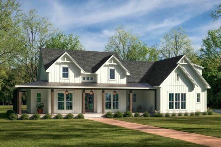 3-Bedroom Single-Story Modern Farmhouse with Full Wrap-Around Porch (Floor Plan)