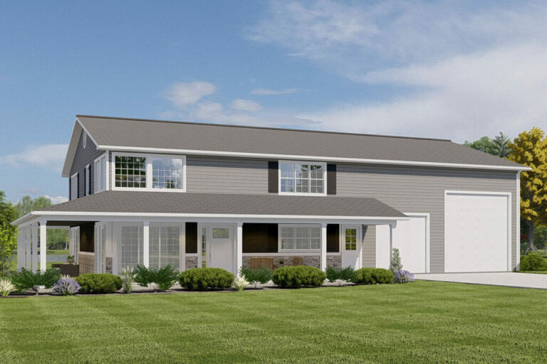 2-Story 3-Bedroom Contemporary Barndominium Home with L-Shaped Porch (Floor Plan)