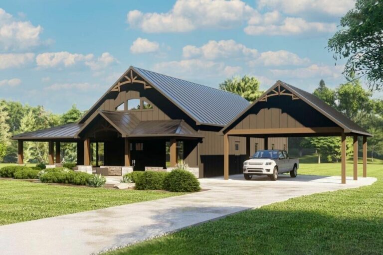 Two-Story 3-Bedroom Barndominium Style House with Corrugated Metal Siding and Detached Carport (Floor Plan)