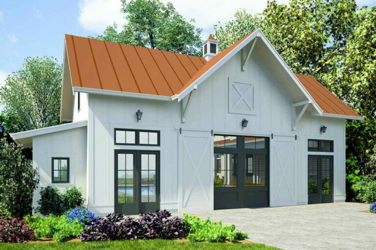 1-Bedroom One-Story Farmhouse Style Guest House With Tandem Garage (Floor Plan)