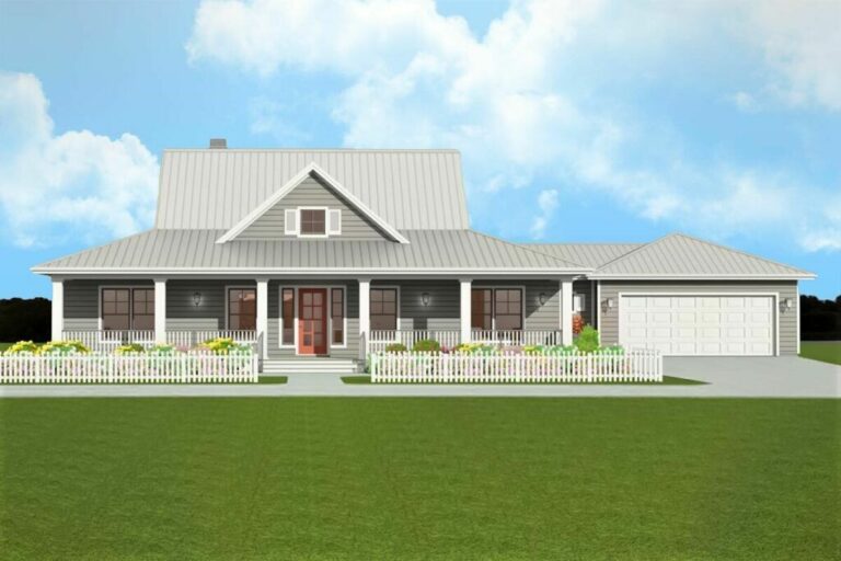 3-Bedroom Single-Story Country Style Farmhouse with Wide Front and Back Porches (Floor Plan)