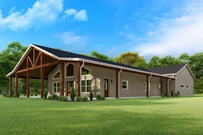 Single-Story 3-Bedroom Barndominium House with Wraparound Porch (Floor Plan)