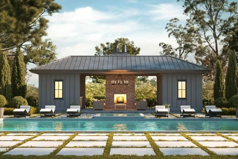 Single-Story Farmhouse Style Pool House with a Contemporary Vibe and Fireplace (Floor Plan)
