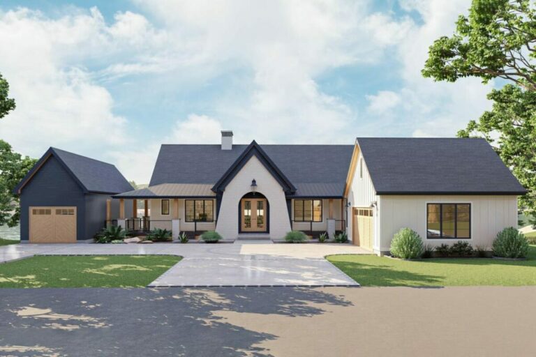 Single-Story 3-Bedroom Contemporary Lake Farmhouse with Vaulted Great Room and Covered Deck (Floor Plan)