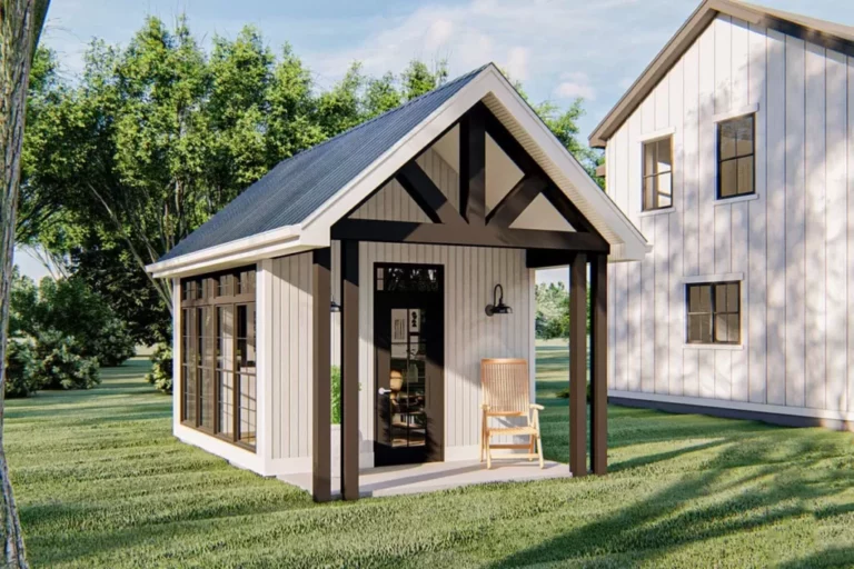 1-Story Modern Farmhouse Style Backyard Home Office With Panoramic Windows (Floor Plan)