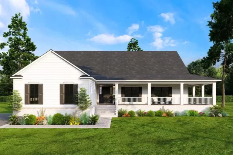 3-Bedroom 1-Story Contemporary Farmhouse with 3-Sided Wrap-Around Porch (Floor Plan)