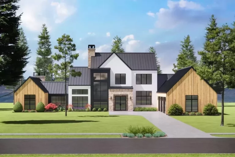 Two-Story 4-Bedroom Transitional Style Farmhouse with Floating Stairs Leading to Vaulted Game Room (Floor Plan)
