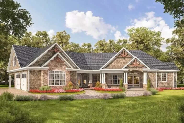 5-Bedroom Single-Story Angled Craftsman House Plan with Outdoor Spaces (Floor Plan)