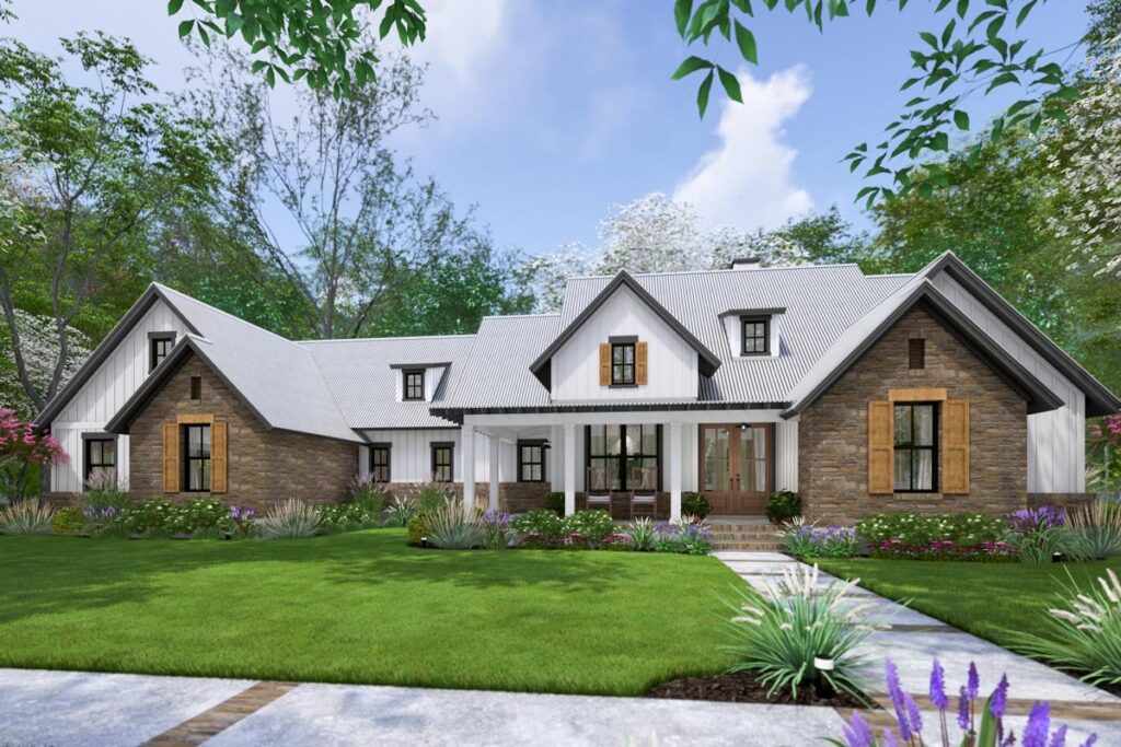 4-Bedroom 1-Story Modern Farmhouse with Bonus Room Over Garage (Floor Plan)