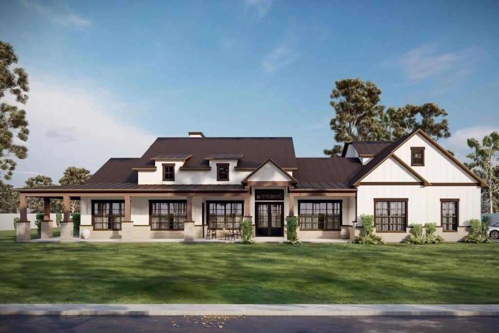 5-Bedroom Single-Story Modern Farmhouse with Wraparound Porch (Floor Plan)