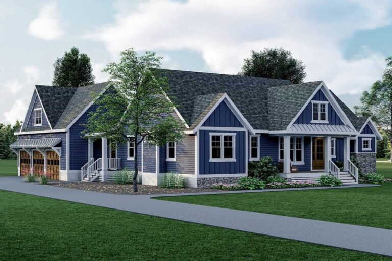 3-Bedroom Single-Story Farmhouse with Split-bed Layout (Floor Plan)
