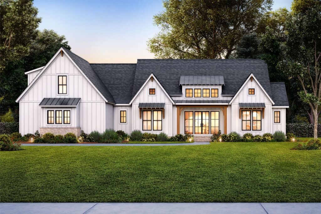 Single-Story 3–4 Bedroom Modern Farmhouse With 671 Sq. Ft. of Porches and Corner-Friendly Garage (Floor Plan)