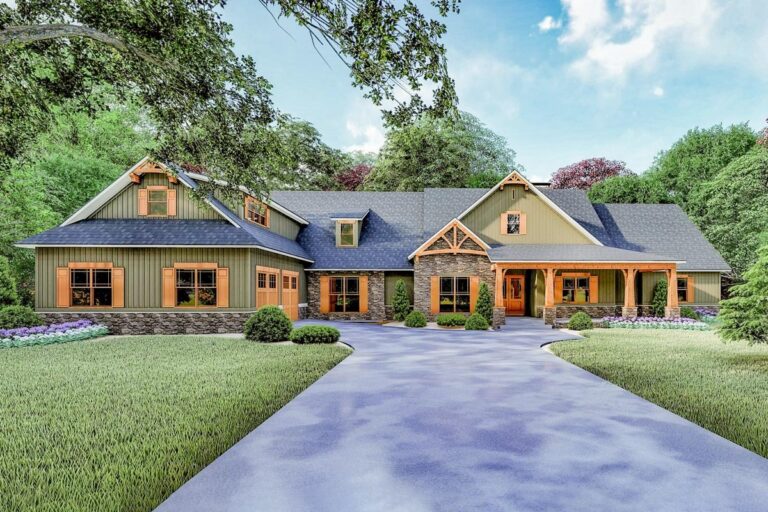 Luxurious 5-Bedroom 1-Story Modern Farmhouse With Barbecue Porch and Courtyard Garage (Floor Plan)