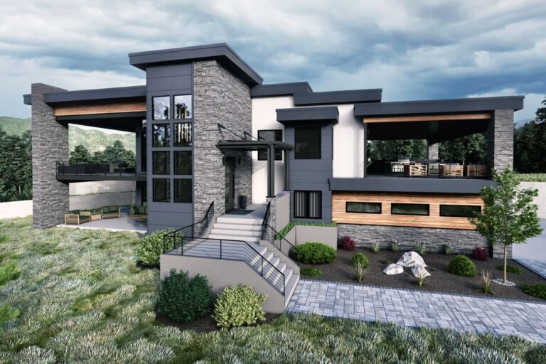 3-Bedroom Contemporary Farmhouse with Courtyard, Covered Patio & Side Garage (Floor Plan)