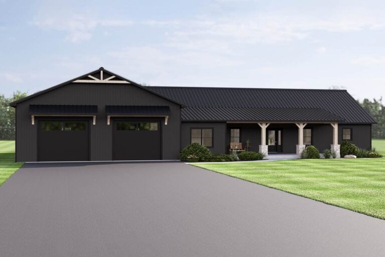 4 Bedroom 1 Story Modern Country Barndominium with Split Beds and Workshop Garage (Floor Plan)