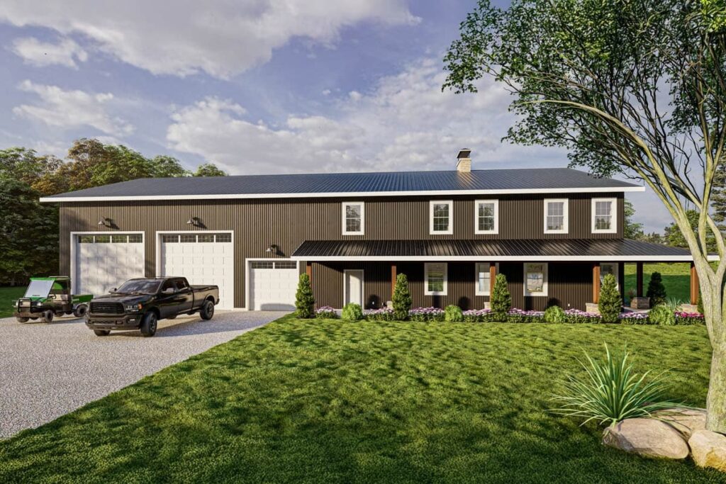7-Bedroom 2-Story Modern Barndominium with Expansive Porches and Attached 3-Car Garage (Floor Plan)