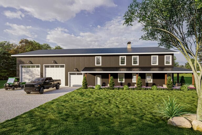 7-Bedroom 2-Story Modern Barndominium with Expansive Porches and Attached 3-Car Garage (Floor Plan)