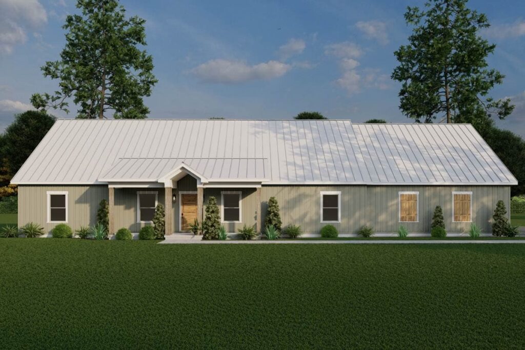 Country-Style 3-Bedroom 1-Story Barndominium with Split Beds, Office, and Covered Porch (Floor Plan)