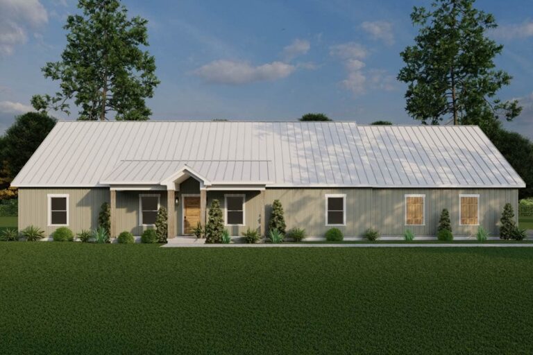 Country-Style 3-Bedroom 1-Story Barndominium with Split Beds, Office, and Covered Porch (Floor Plan)