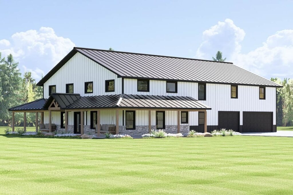 4-Bedroom 2-Story Barndominium with Wrap-Around Porch and Finished Apartment (Floor Plan)