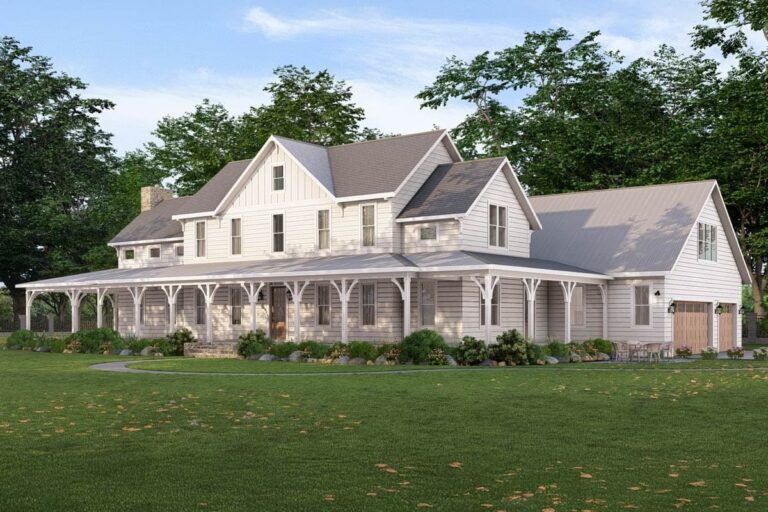 Elegant 5-Bed Two-Story Farmhouse with Combined Porch and Three-Car Garage (Floor Plan)