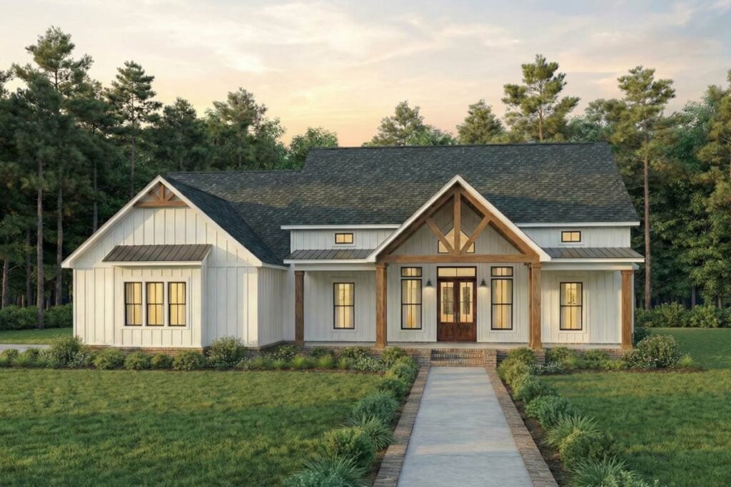 4-Bedroom 1-Story Modern Farmhouse with Two-Story Great Room and Outdoor Kitchen (Floor Plan)