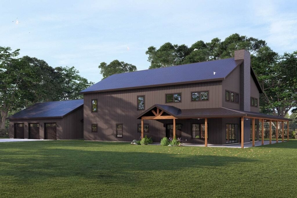 5-Bedroom 2-Story Modern Barndominium with Wrap-Around Porch and 3-Car Detached Garage (Floor Plan)