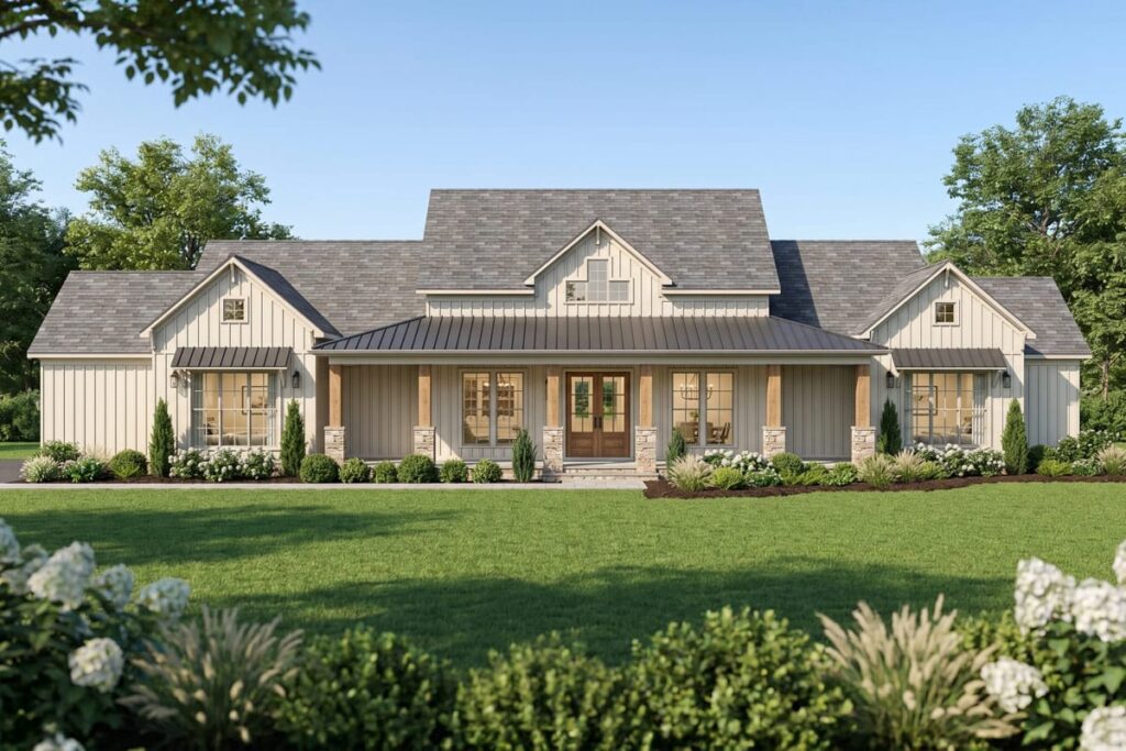 House plan exterior: Modern Farmhouse style, one story, with a deep covered porch, gables, and board-and-batten siding.