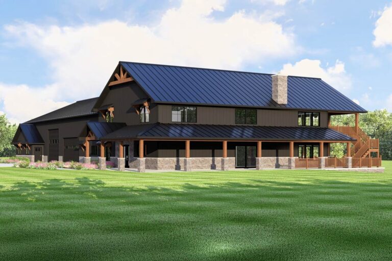 House plan exterior: Modern Farmhouse style with a wrap-around porch, stone base, multiple gables, and dark metal roof.