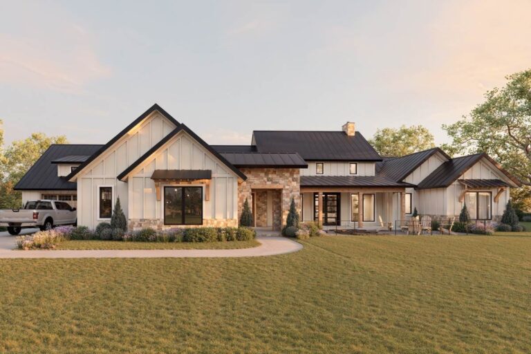 3-Bedroom 1-Story Hill Country Farmhouse With Two-Story Great Room And 4-Car Garage (Floor Plan)