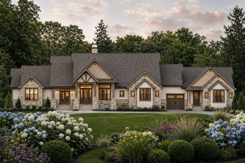 House plan exterior: Ranch style with stone accents, prominent gables, and a central covered entry with double doors.