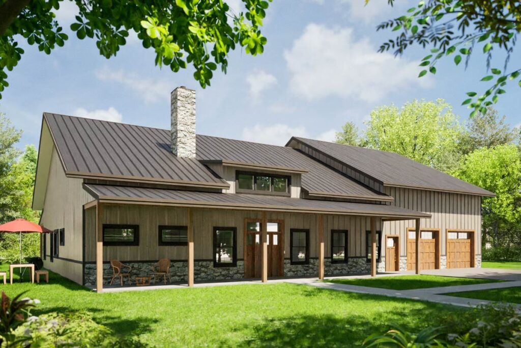House plan exterior featuring a metal roof, stone chimney, and covered porch. The design includes a two-car garage and vertical siding.
