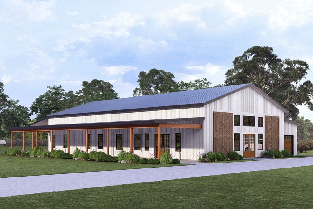 House plan exterior: barn style with metal roof, covered porch, large barn doors, and attached garage.